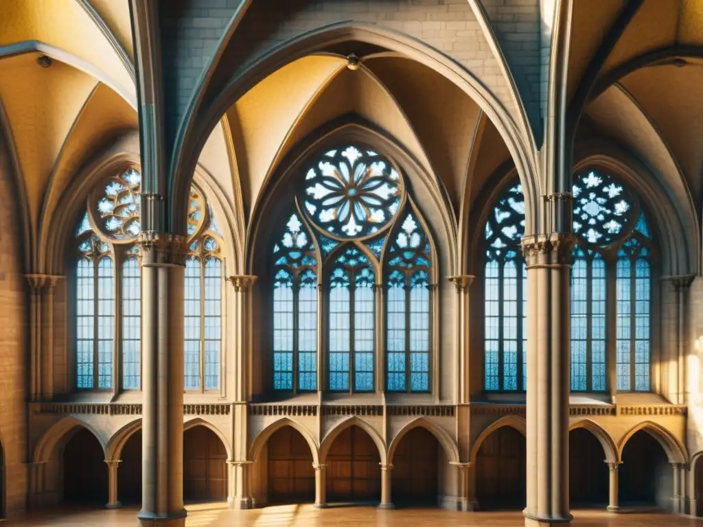 Detalle de un antiguo plano de catedral gótica iluminado por el sol, resaltando su compleja arquitectura