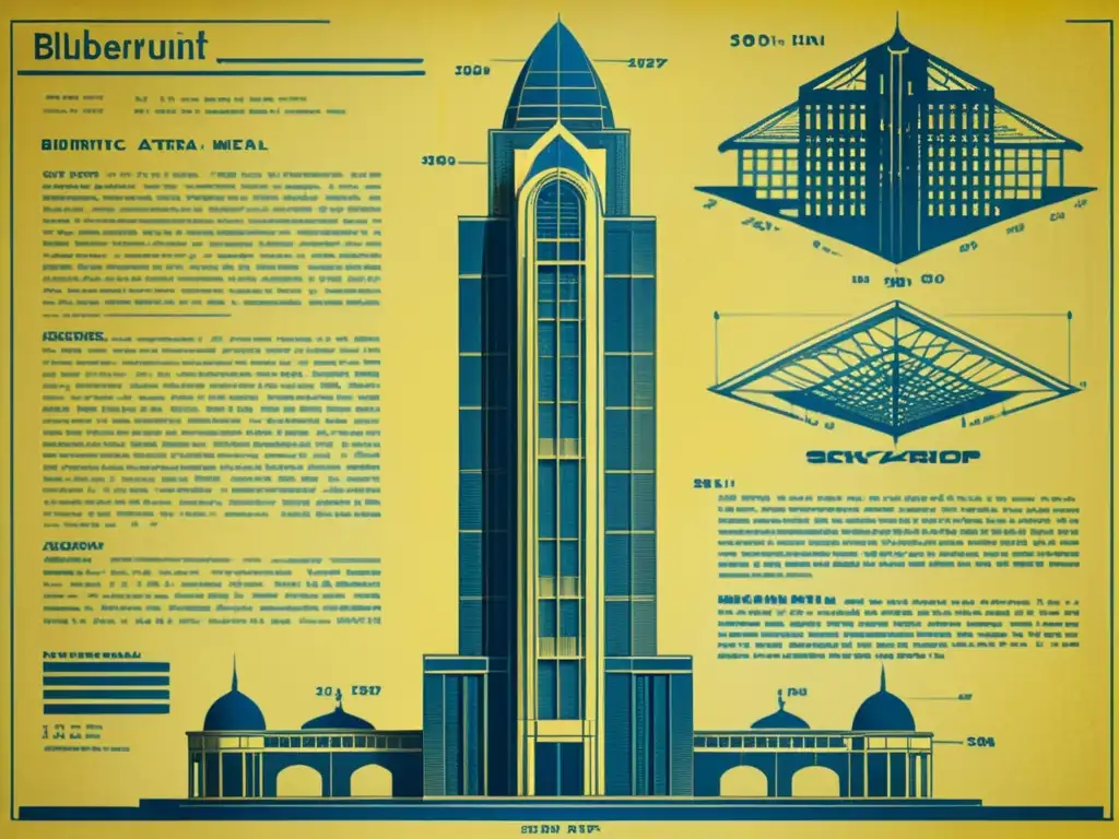 Detalle de un antiguo plano de rascacielos con aleaciones metálicas avanzadas, evocando historia y expertise en construcción