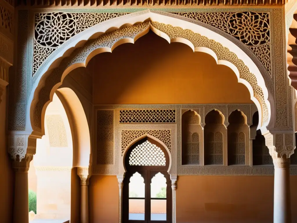 Detalle de arcos y patrones geométricos en la Arquitectura Islámica de la Alhambra, con tonos cálidos y juego de luces y sombras