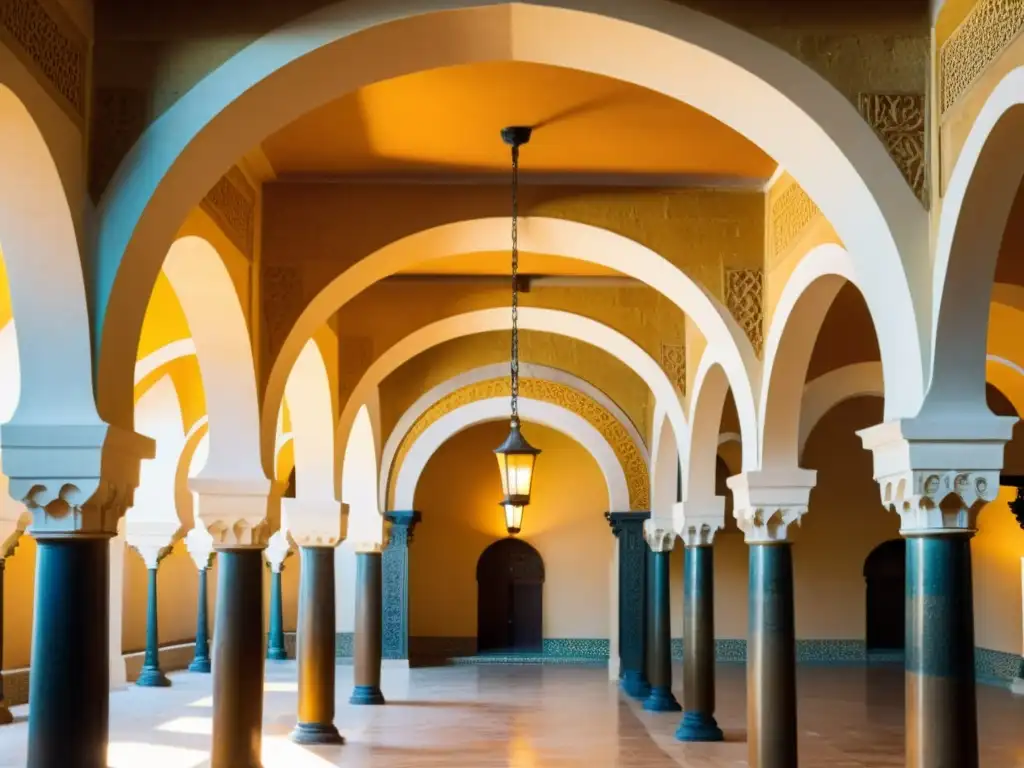 Detalle de las arquerías de la Mezquita de Córdoba, con tonos cálidos y dorados que resaltan su impresionante arquitectura