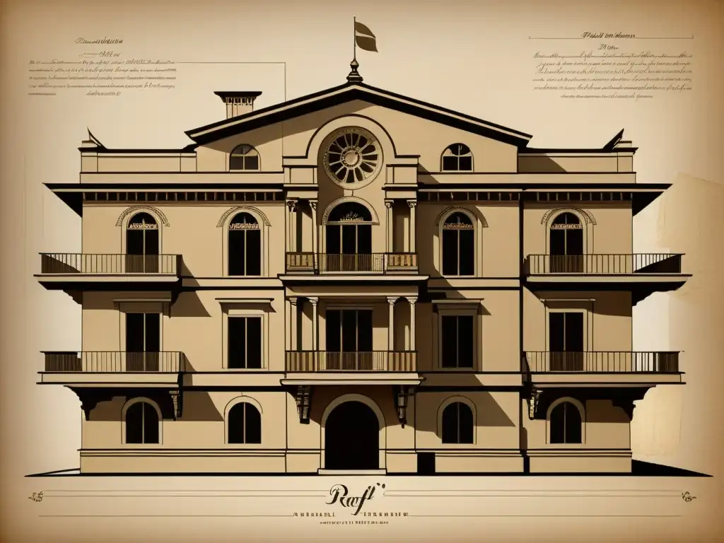 Detalle sepia de la visión arquitectónica de Rafael Alto Renacimiento, con líneas precisas y anotaciones detalladas en el papel texturizado