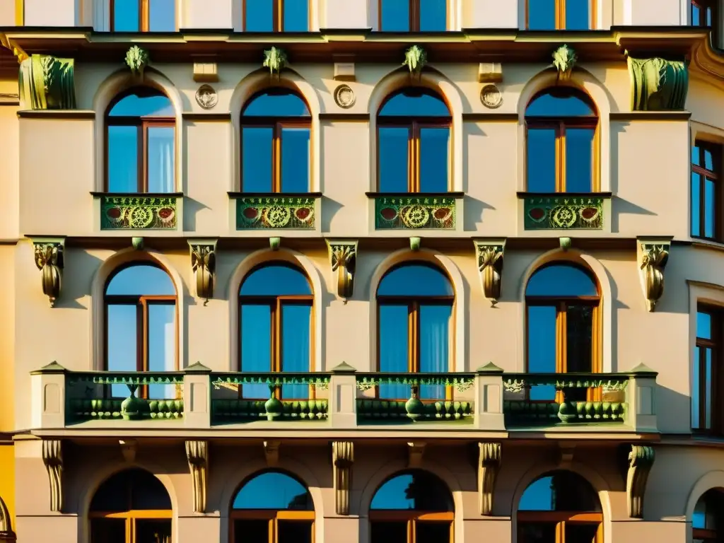 Detalle arquitectónico Art Nouveau en Praga: ornamentos florales, líneas curvas y detalles decorativos bañados por cálida luz solar