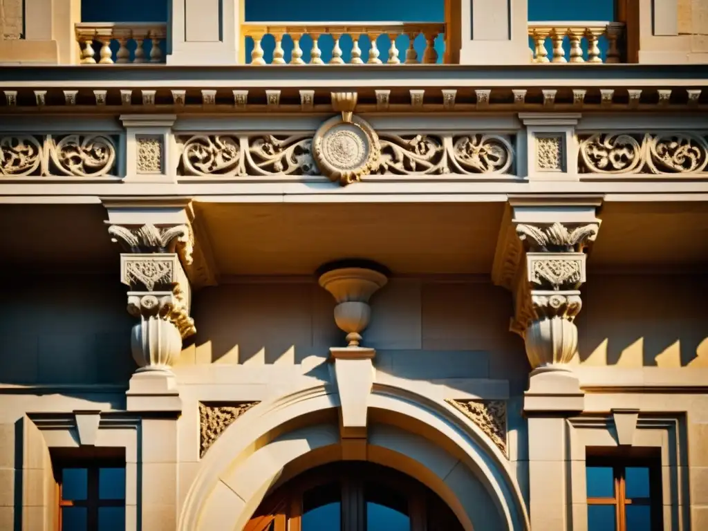 Detalle arquitectónico iluminado por luz cálida, resaltando la importancia de la iluminación en la arquitectura histórica