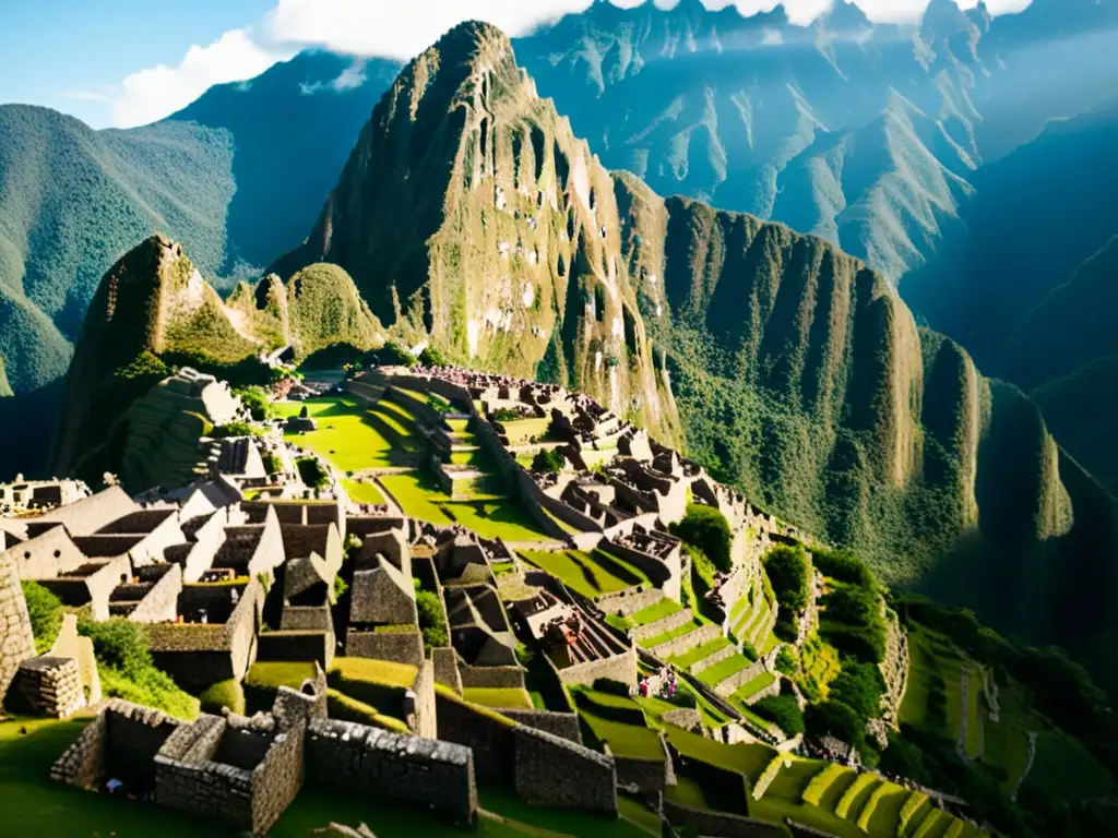 Detalle arquitectónico de Machu Picchu, con la majestuosa arquitectura inca y los Andes de fondo, evocando la maravilla histórica