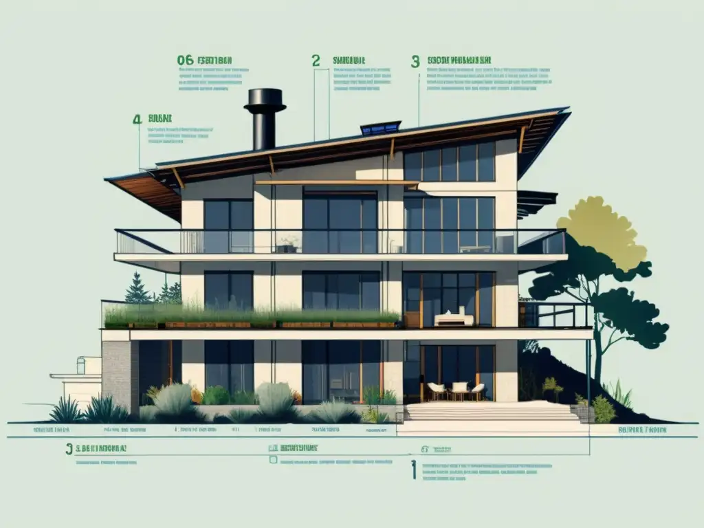 Detalle de diseño arquitectónico sostenible con técnicas para reducir el impacto ambiental en la arquitectura