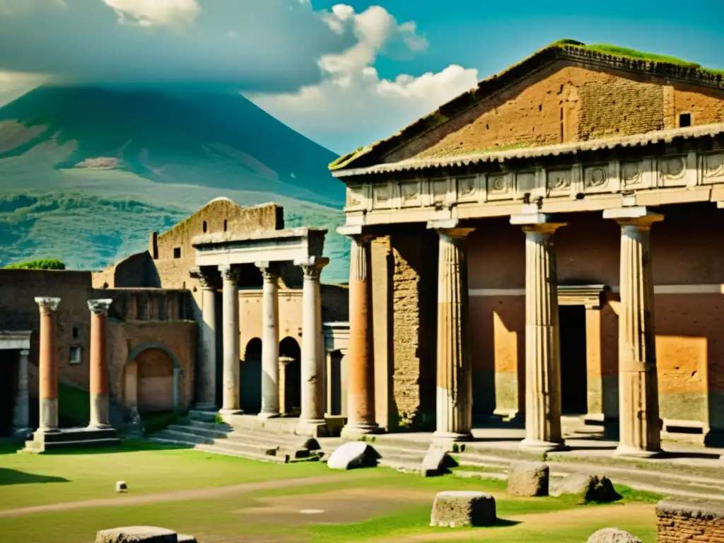 Detalle de la arquitectura histórica de Pompeya, con columnas, arcos y frescos bien conservados