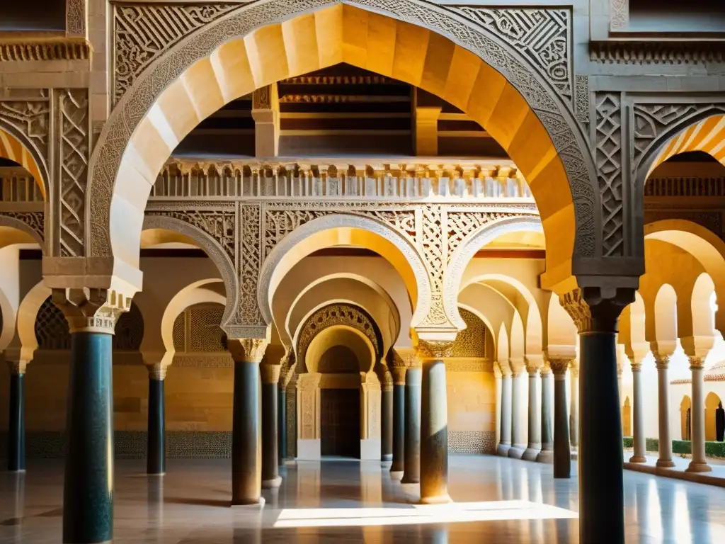 Detalle de la arquitectura islámica España medieval en la Gran Mezquita de Córdoba, con juegos de luz y sombra en arcos y columnas