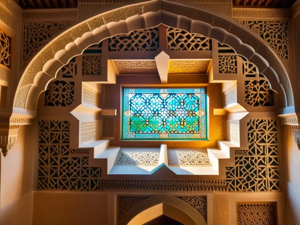 Detalle 8k de la arquitectura islámica Alhambra con patrones geométricos y luz solar