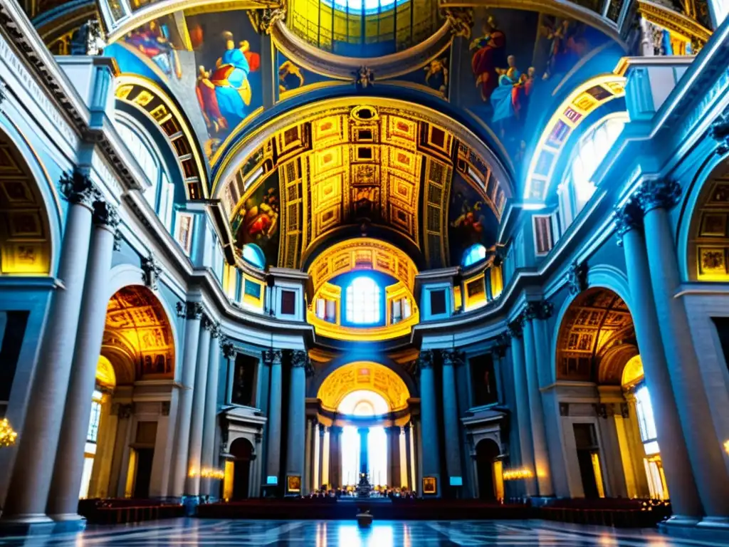 Detalle de la arquitectura renacentista en el interior de la Basílica de San Pedro, con juegos de luz a través de los vitrales que resaltan las interpretaciones artísticas del Renacimiento