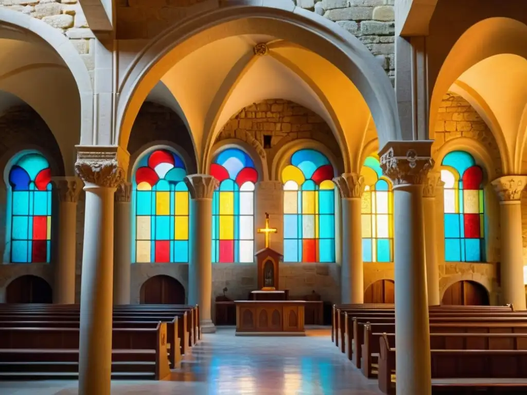 Detalle de la arquitectura románica: hermosa iglesia con arcos redondeados, columnas robustas y decoraciones talladas