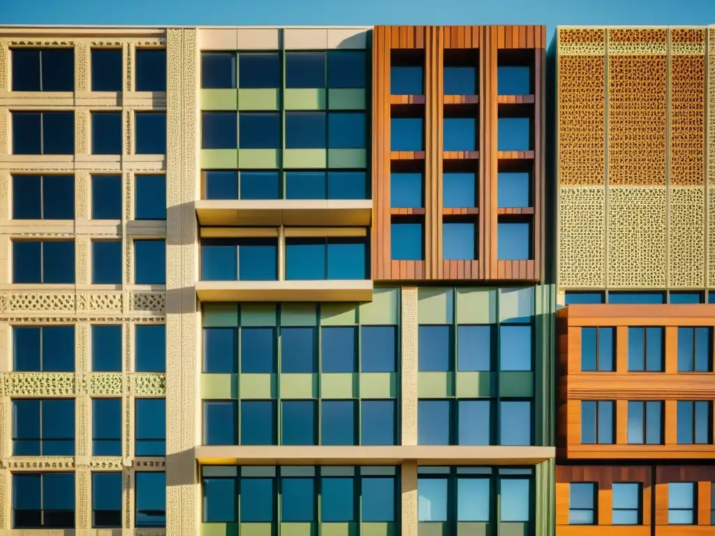 Detalle de la arquitectura sostenible histórica en Australia: fachada pixelada del Pixel Building en Melbourne, con un toque vintage cálido y nostálgico