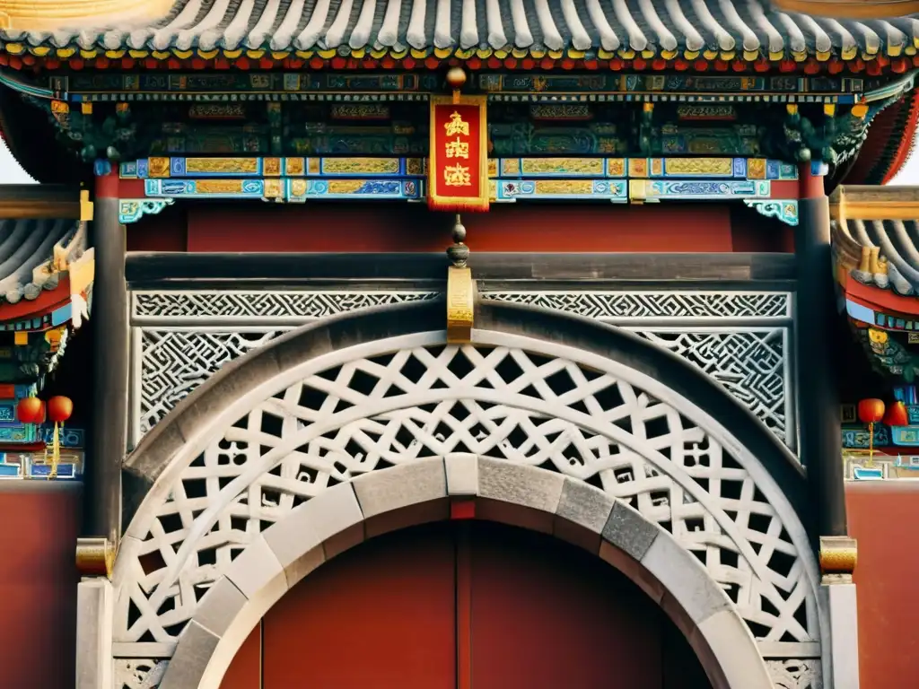 Detalle de la arquitectura tradicional China en la Ciudad Prohibida de Beijing, destacando principios estéticos de equilibrio y elegancia