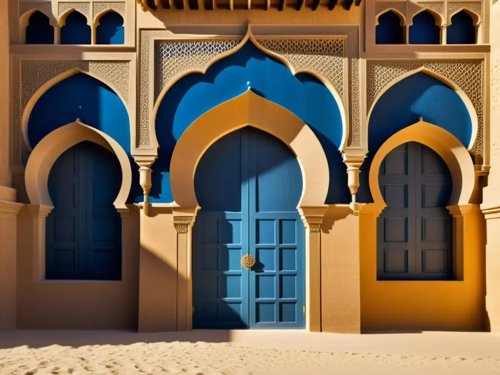 Detalle de la arquitectura tradicional Qasr Al Sarab en Abu Dhabi, con patrones geométricos en las paredes de arena y el cielo del desierto