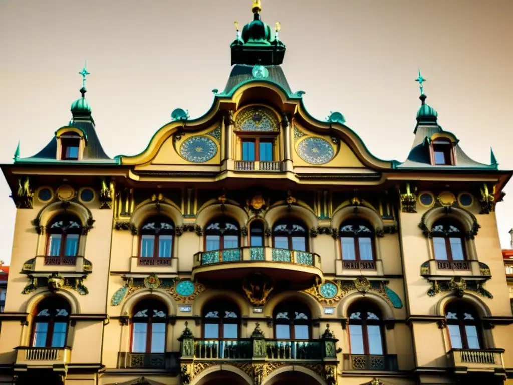 Detalle Art Nouveau en la fachada de la Casa Municipal de Praga, evocando la elegancia de las rutas arquitectónicas Art Nouveau Praga Viena