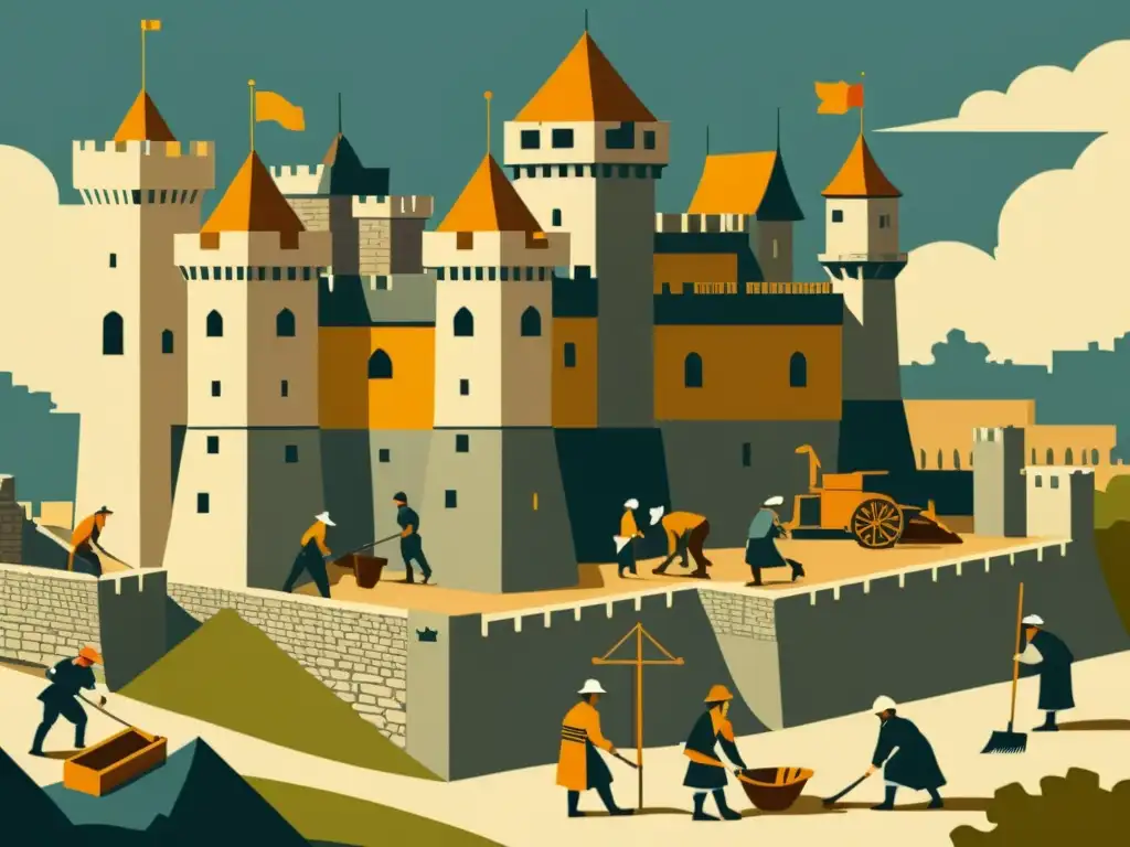 Detalle de ilustración vintage de un castillo medieval en construcción, muestra la evolución de técnicas de construcción de castillos a lo largo del tiempo