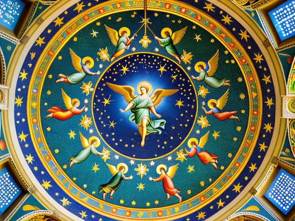 Detalle celestial del techo de la Basílica de San Vitale en Rávena, Italia, con mosaicos antiguos y vibrantes