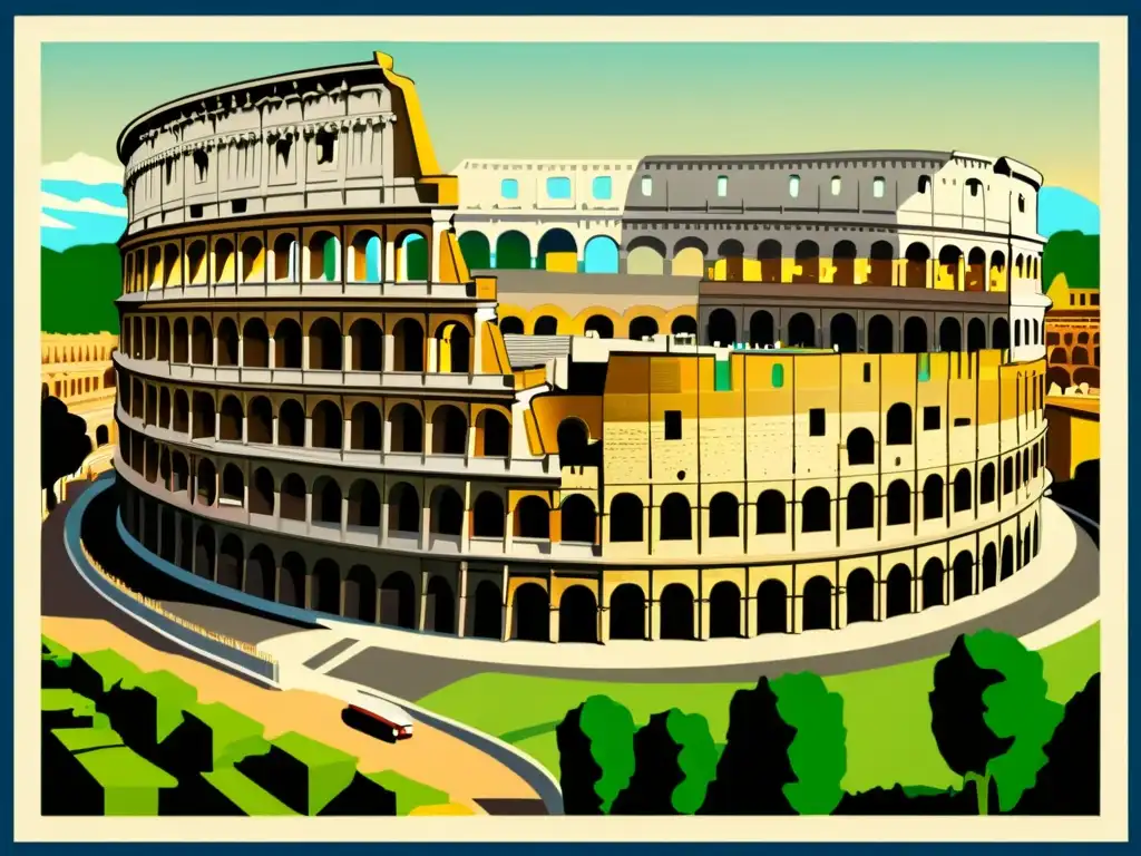 Detalle de ilustración vintage del Coliseo en Roma, resaltando la accesibilidad en arquitectura histórica