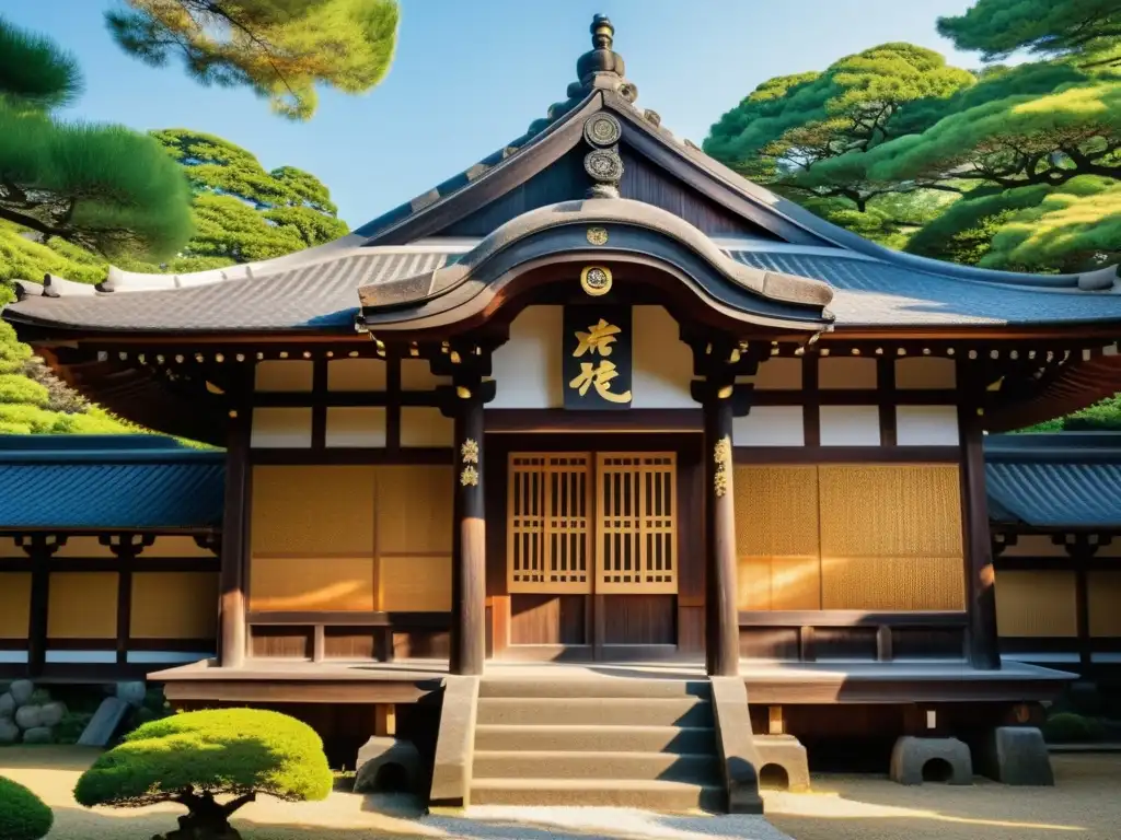 Detalle de la construcción del Templo Horyuji Japonés, con arquitectura de madera, tallados ornamentales y jardines serenos