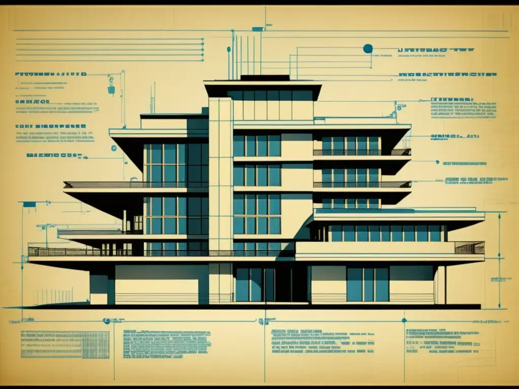 Detalle de un diseño arquitectónico automatizado de estilo vintage, con anotaciones a mano y tecnologías energéticamente eficientes