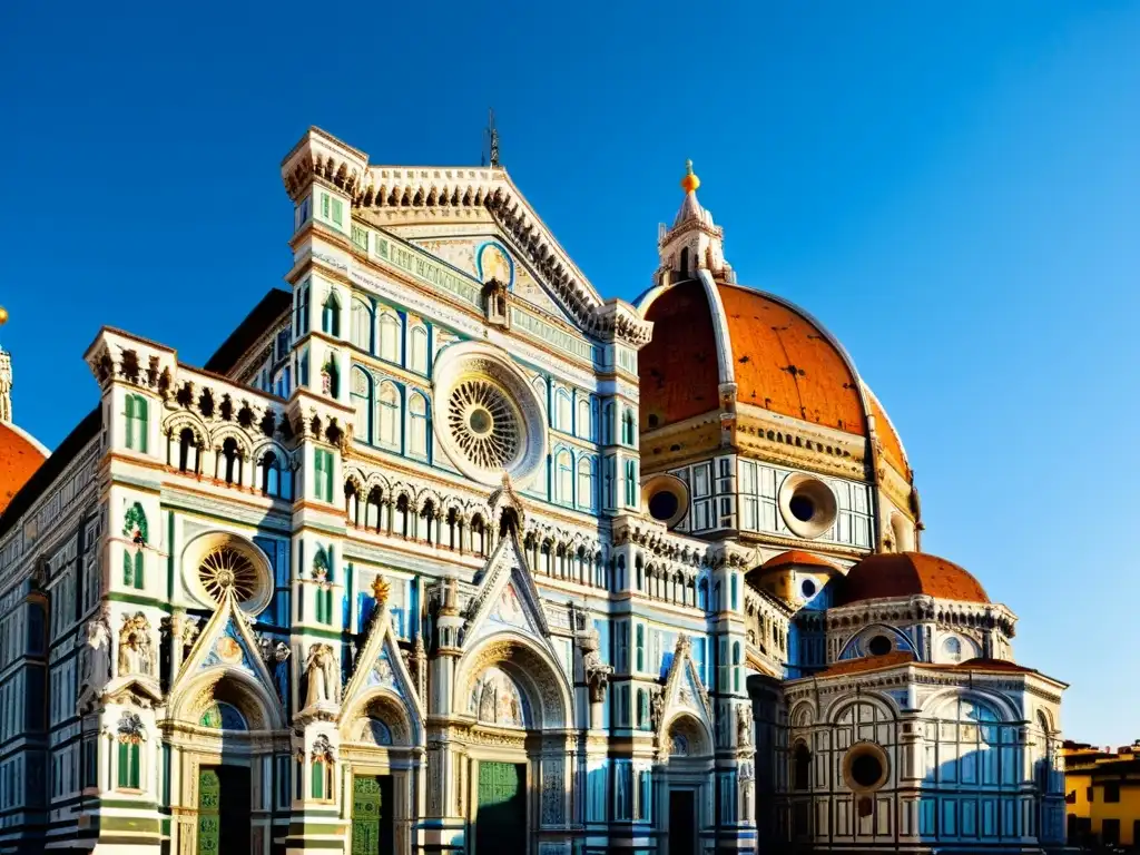 Detalle del exterior de la Catedral de Florencia en el Renacimiento, con visitantes admirando la arquitectura