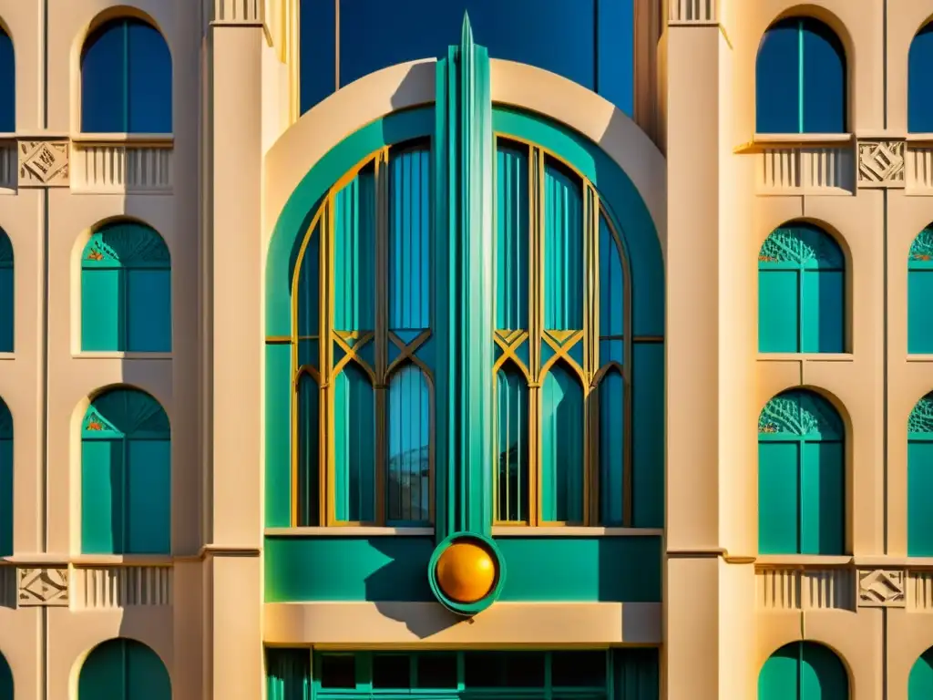 Detalle de fachada Art Deco restaurada, con patrones geométricos, metalistería y colores vibrantes