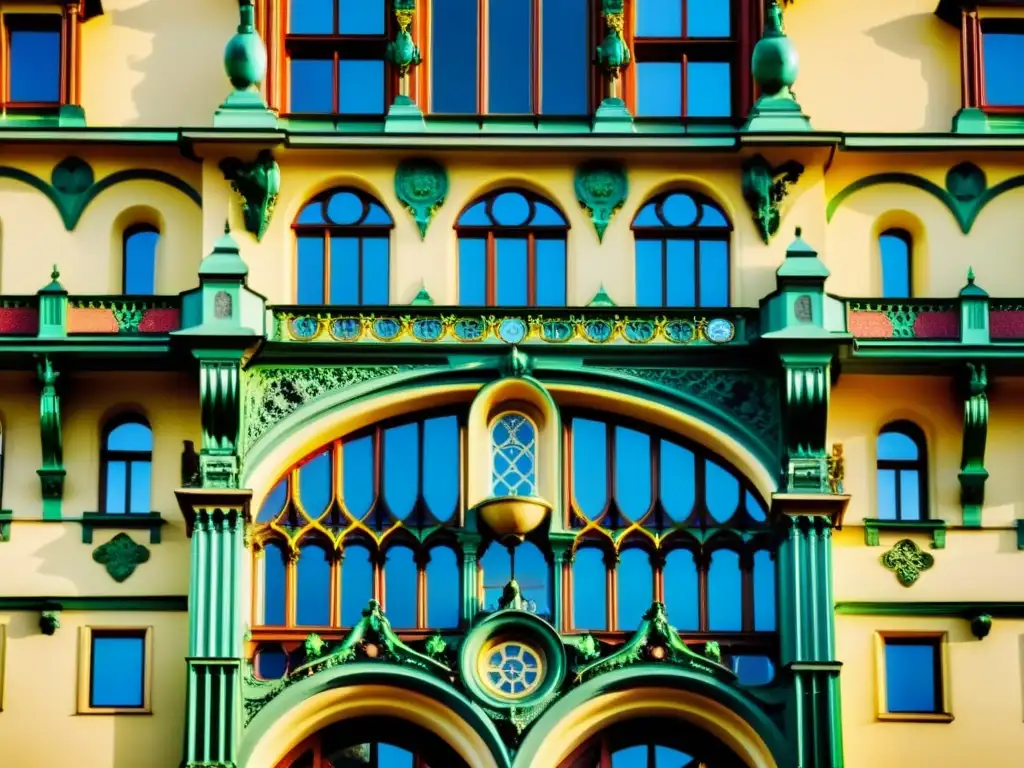 Detalle de la fachada Art Nouveau de la Municipal House en Praga, con esculturas, hierro forjado y vitrales