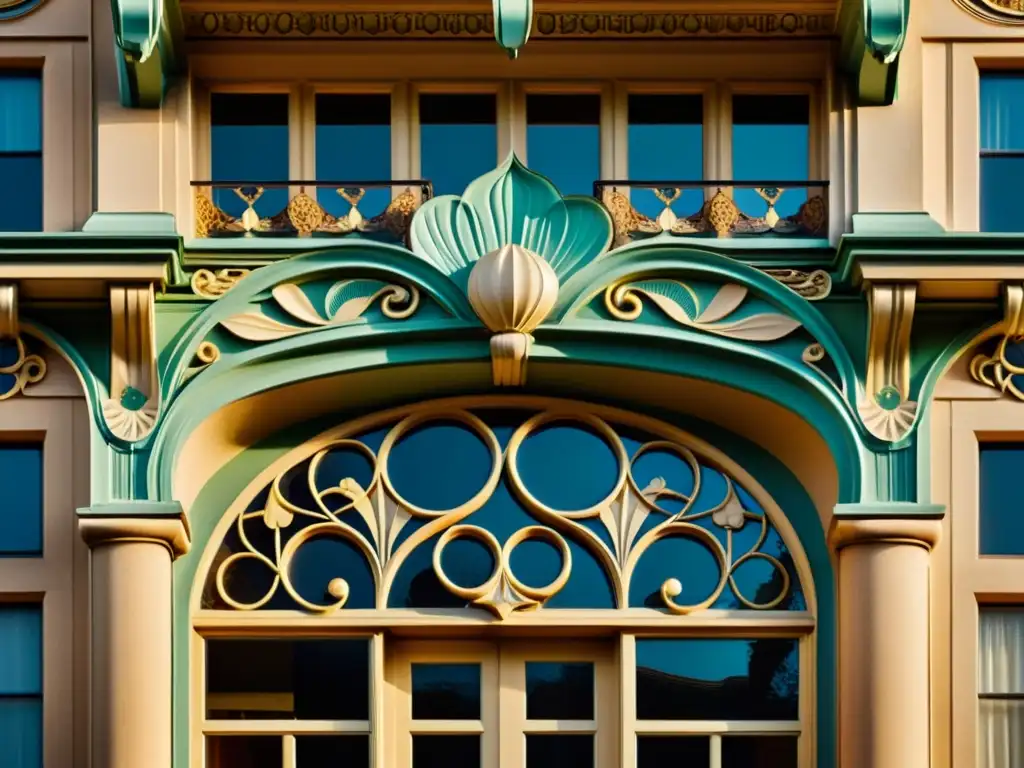 Detalle de fachada Art Nouveau del siglo XXI, con motivos orgánicos y elegancia atemporal