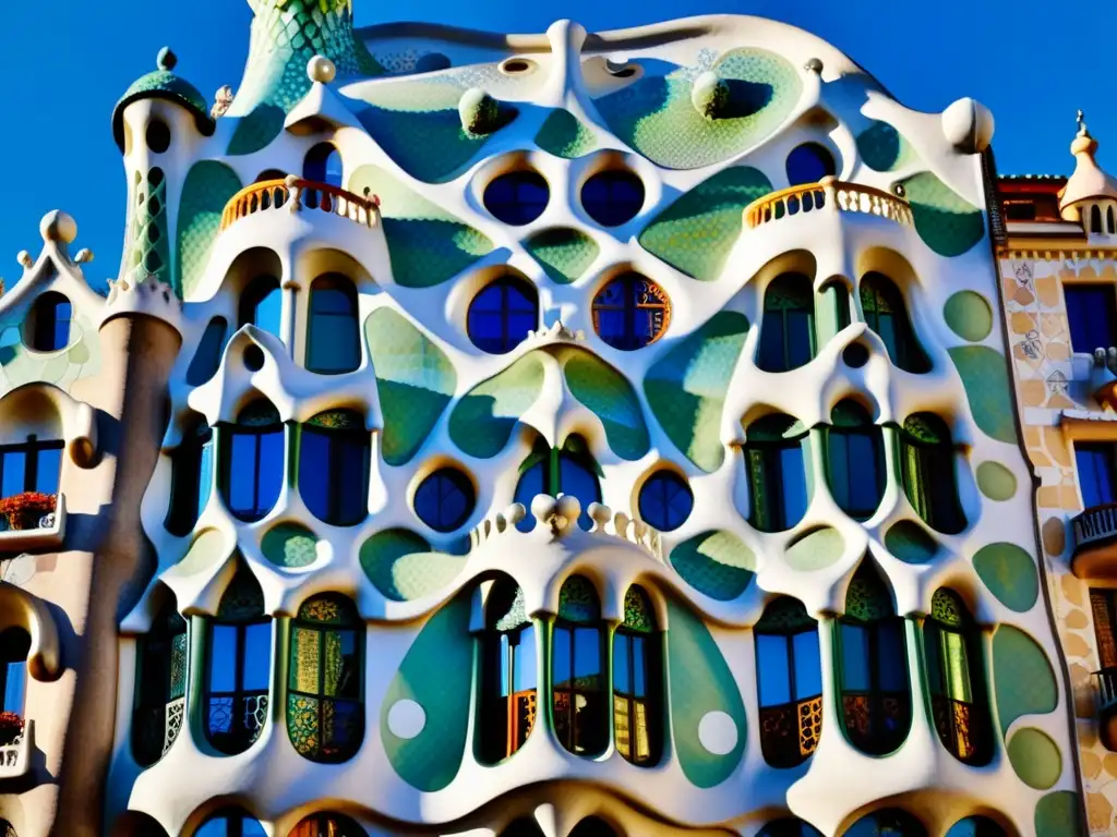 Detalle 8k de la fachada de Casa Batlló, reflejando la arquitectura fantástica de Gaudí en Barcelona