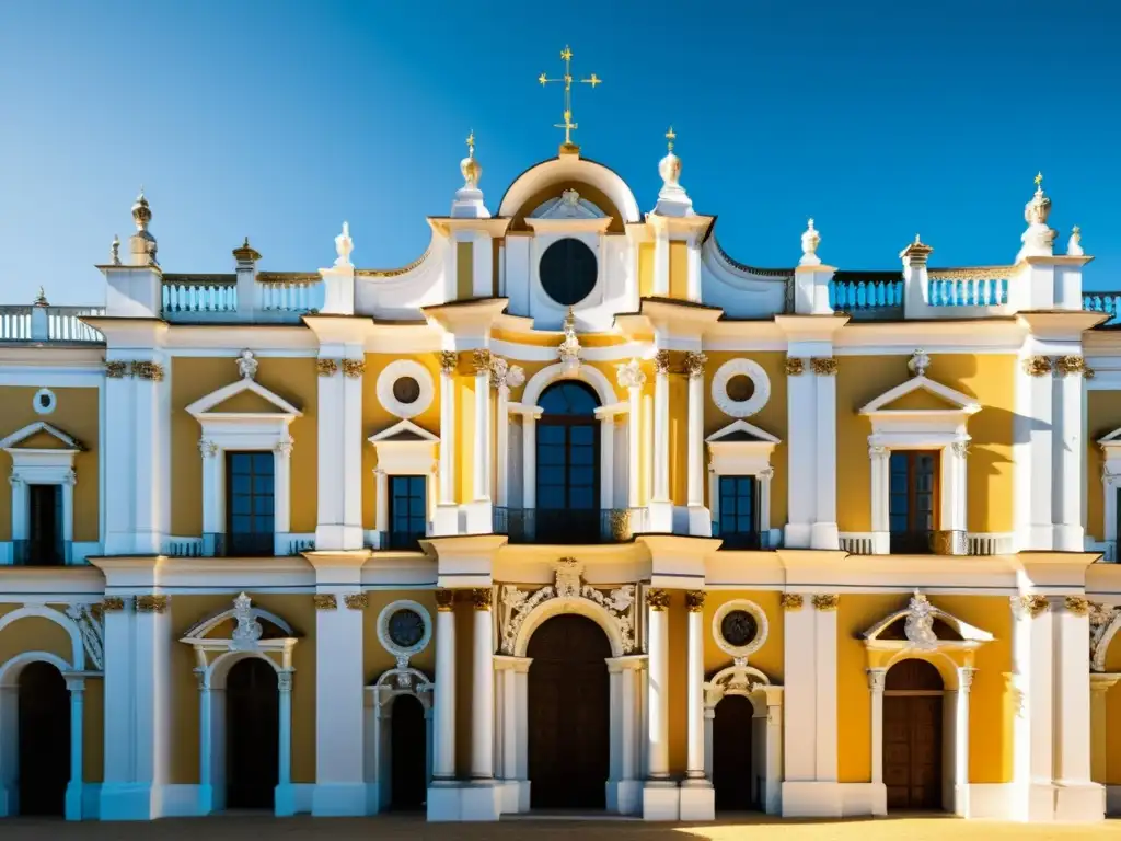 Detalle de la fachada del Convento de Mafra en Portugal, mostrando la arquitectura barroca con sus detalles ornamentados y columnas imponentes