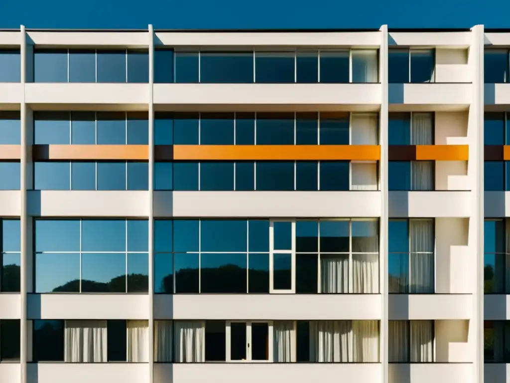 Detalle de una fachada de edificio Bauhaus, con líneas limpias, formas geométricas y diseño funcional