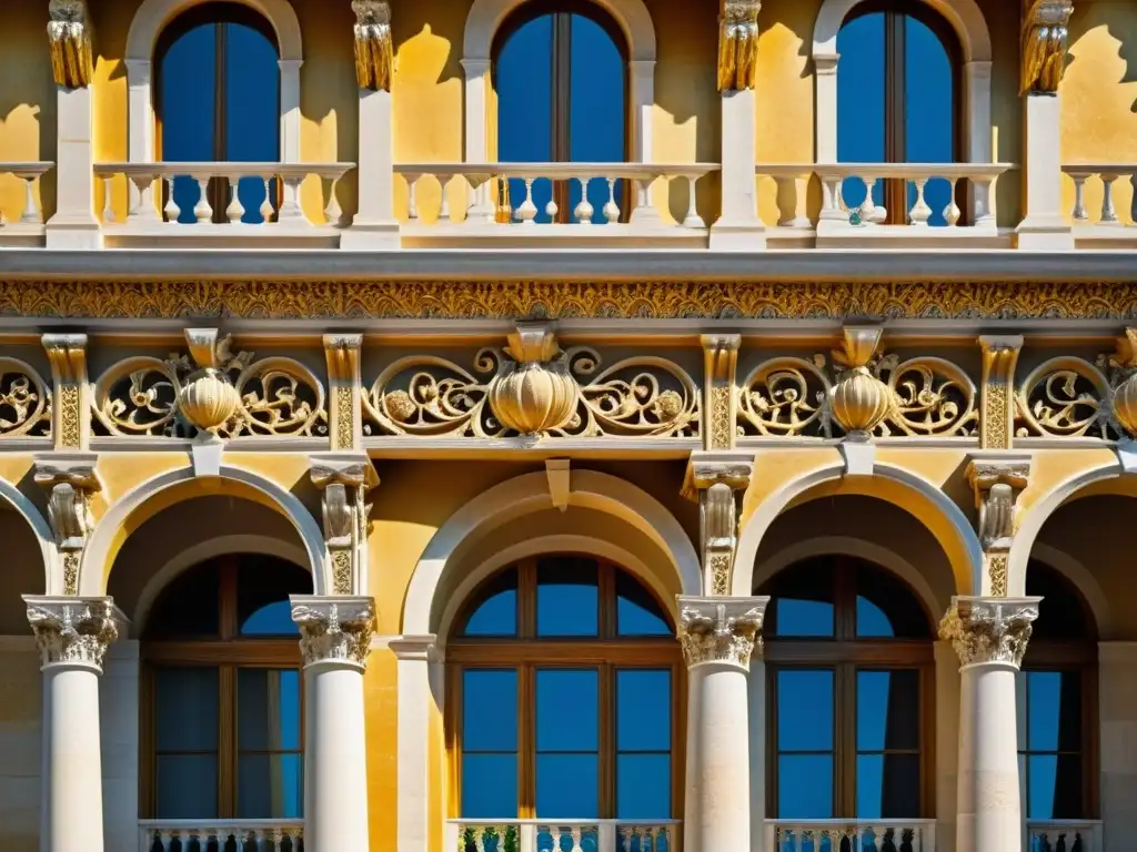 Detalle de fachada de edificio del Primer Renacimiento, resaltando conservación y arte en piedra dorada