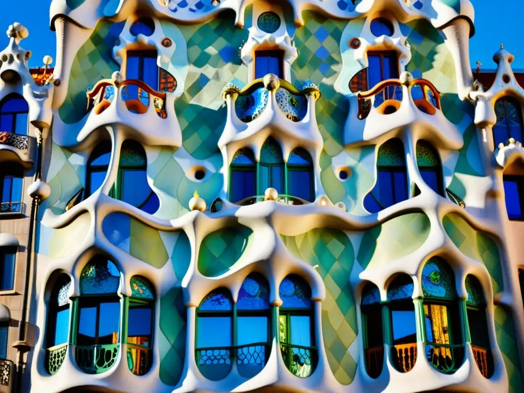 Detalle fascinante de la fachada de Casa Batlló en Barcelona, resaltando la belleza arquitectónica de Gaudí