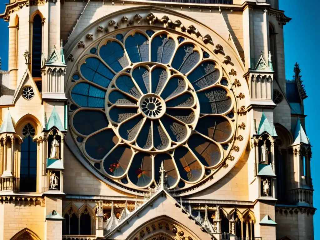 Detalle gótico de la fachada de la catedral Notre Dame con ventana de rosas, agujas majestuosas y delicadas tallas de piedra