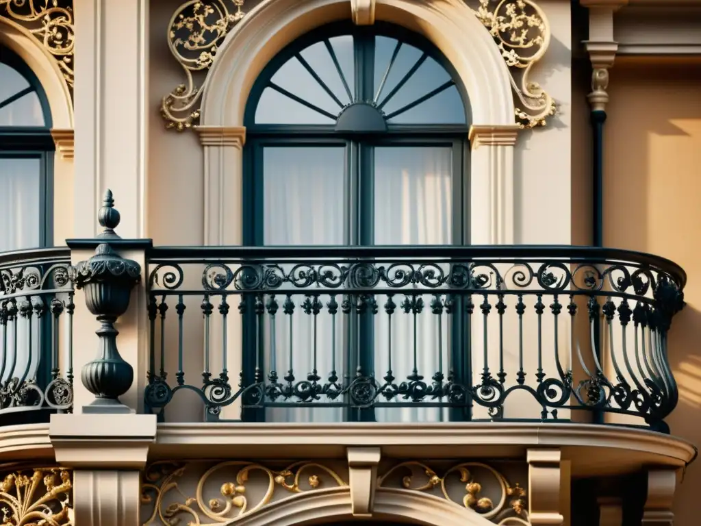 Detalle de un balcón de hierro forjado con patrones florales y curvas elegantes, influencia arquitectura Belle Époque propiedades