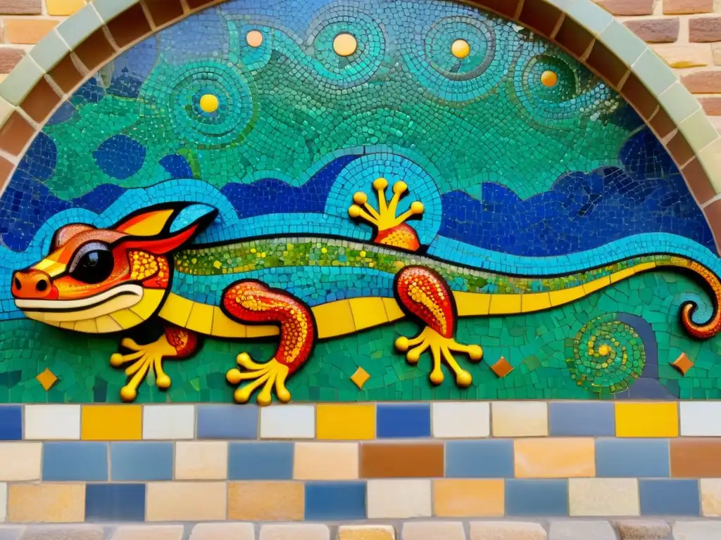 Detalle del icónico mosaico de El Drac en Parque Güell, Barcelona, iluminado por el sol