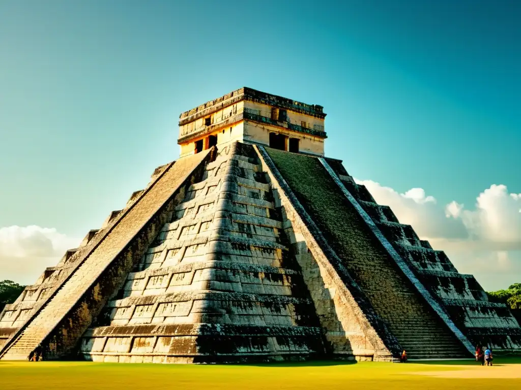 Detalle de la impresionante arquitectura Chichén Itzá Yucateca, con sus intrincados grabados y cálidos tonos terrosos, evocando la grandeza y la historia de la antigua estructura