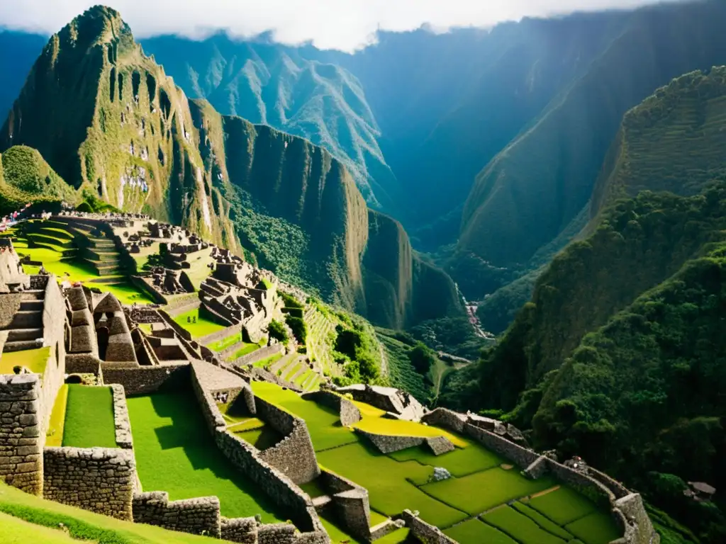 Detalle de la impresionante arquitectura inca en Machu Picchu, con juegos de luz y sombra, evocando su legado eterno