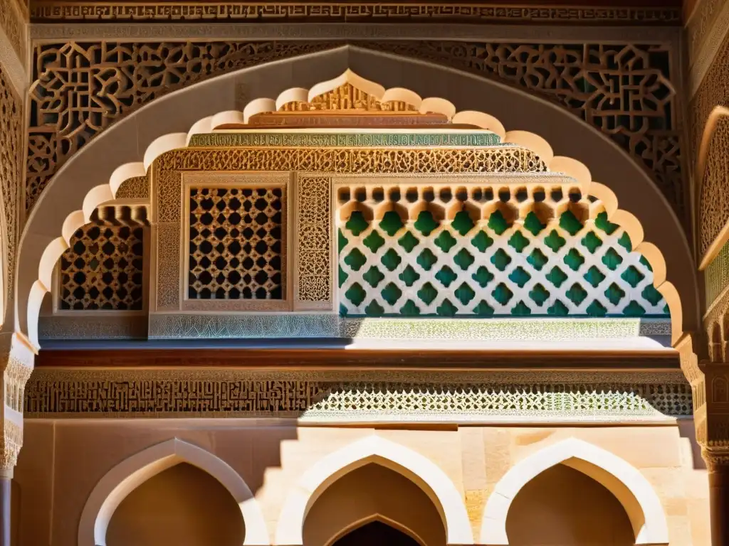 Detalle de la impresionante Arquitectura Islámica Alhambra: Intrincados diseños de azulejos y arabescos, bañados por la luz solar y sombras dramáticas