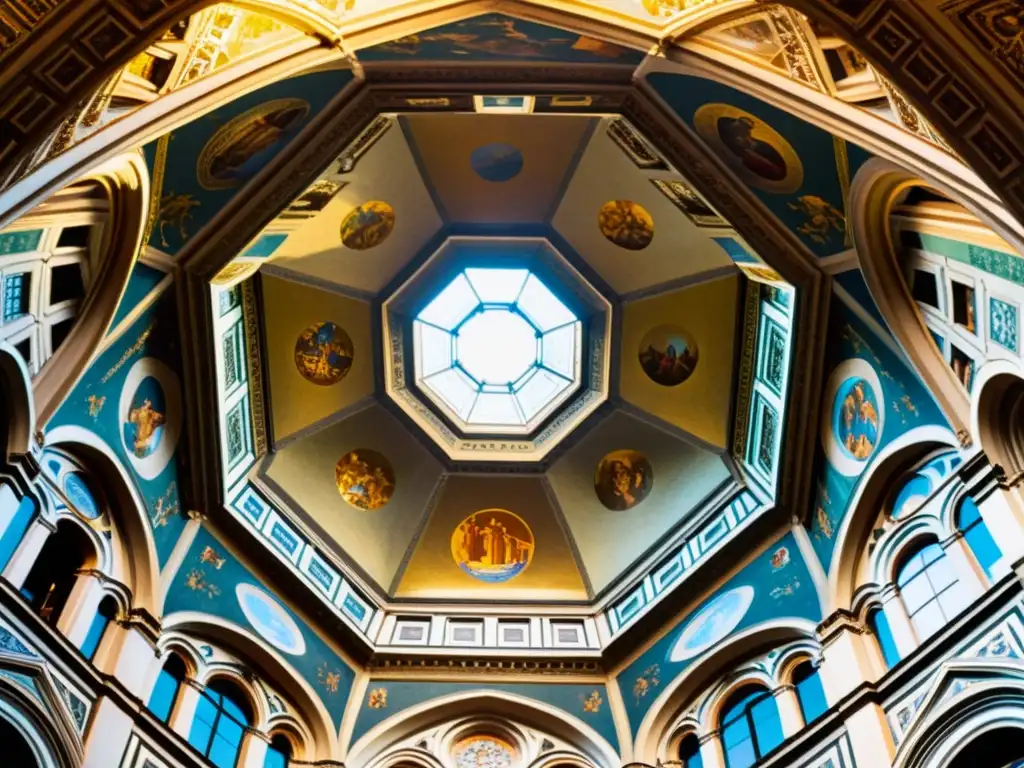 Detalle impresionante de la cúpula de la Catedral de Florencia en el Alto Renacimiento, con juegos de luz y sombra, evocando asombro y admiración