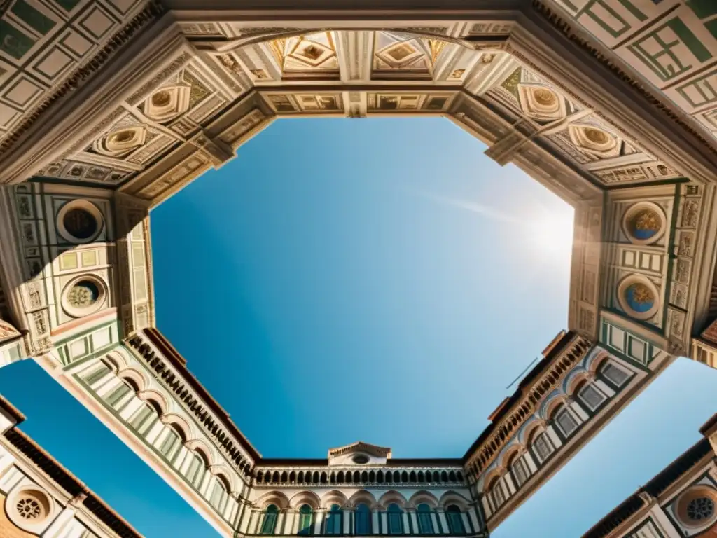 Detalle impresionante de la cúpula de la Catedral de Florencia en comparativa arquitectura Renacimiento Temprano, bañada por la cálida luz del sol