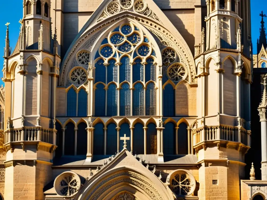 Detalle impresionante de la fachada de la Catedral de Toledo, joya arquitectónica gótica de España con intrincados detalles y vidrieras coloridas