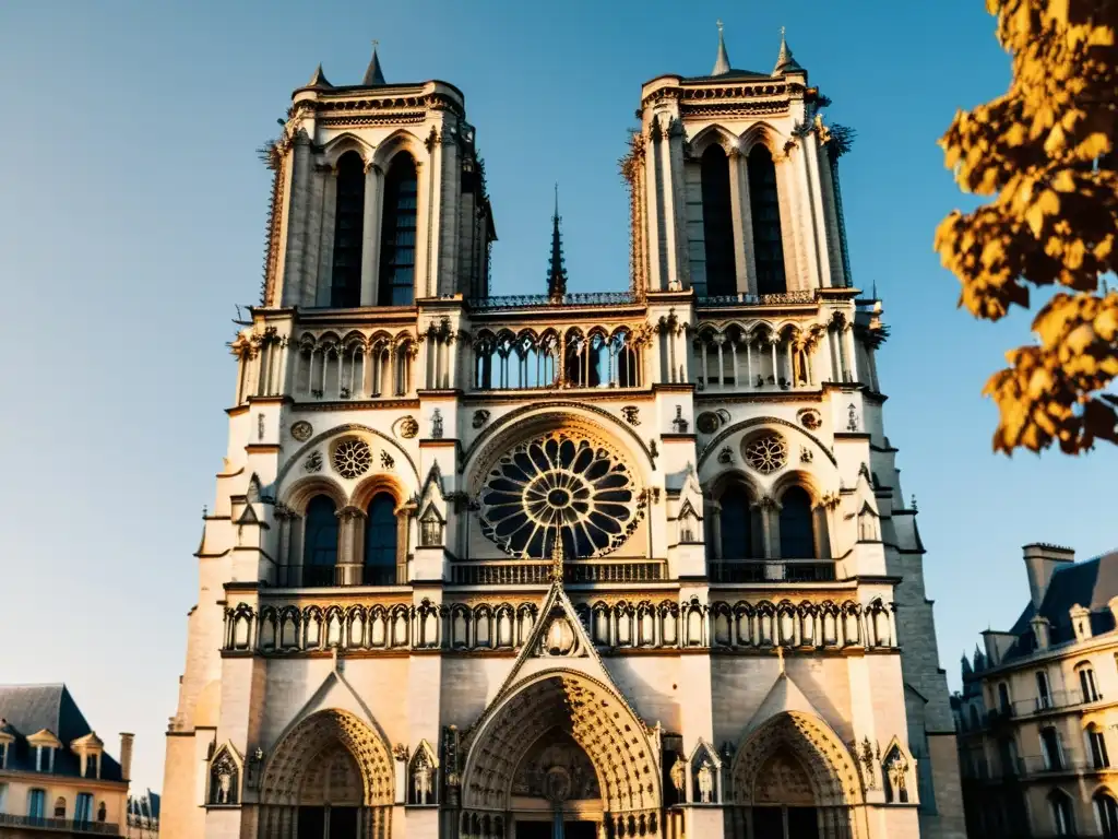 Detalle impresionante de la fachada gótica de la Catedral de Notre Dame en París