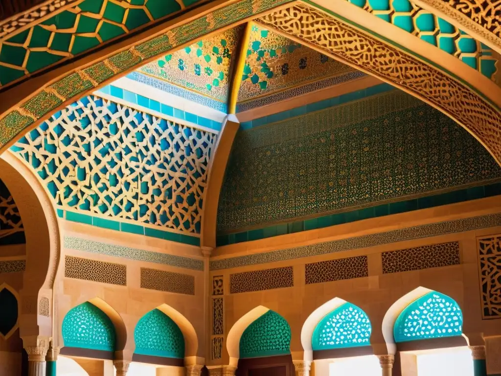 Detalle impresionante de los patrones geométricos en una mezquita histórica, reflejando el simbolismo de la arquitectura islámica