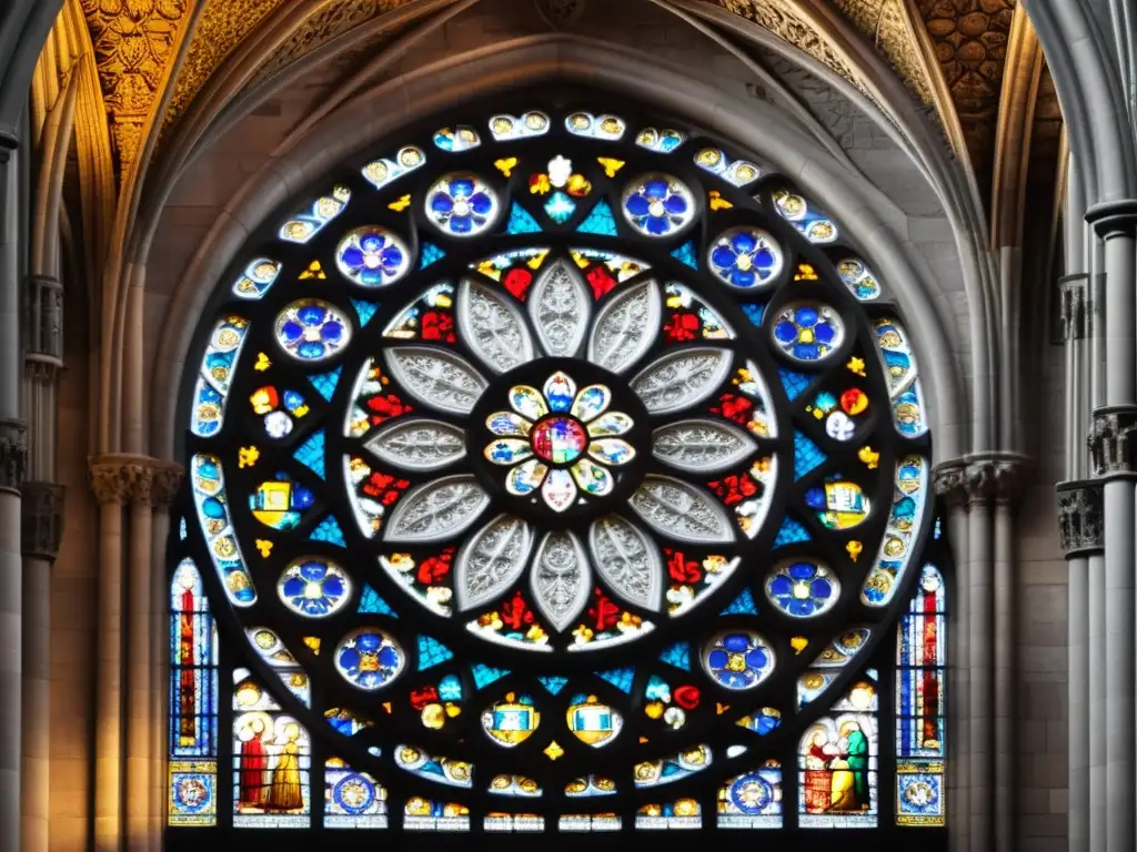 Detalle de una impresionante ventana de rosácea gótica con iconografía religiosa en una catedral, juego de luz y sombra