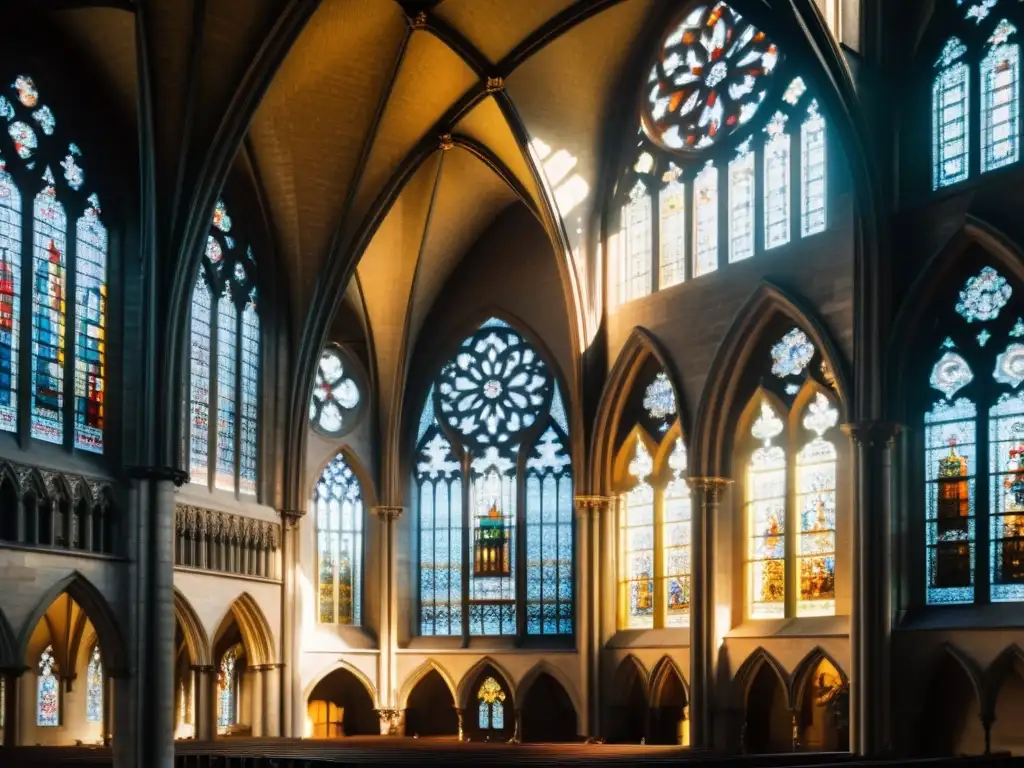 Detalle de las impresionantes bóvedas y vitrales de una iglesia gótica, enigmático y cautivador en su construcción