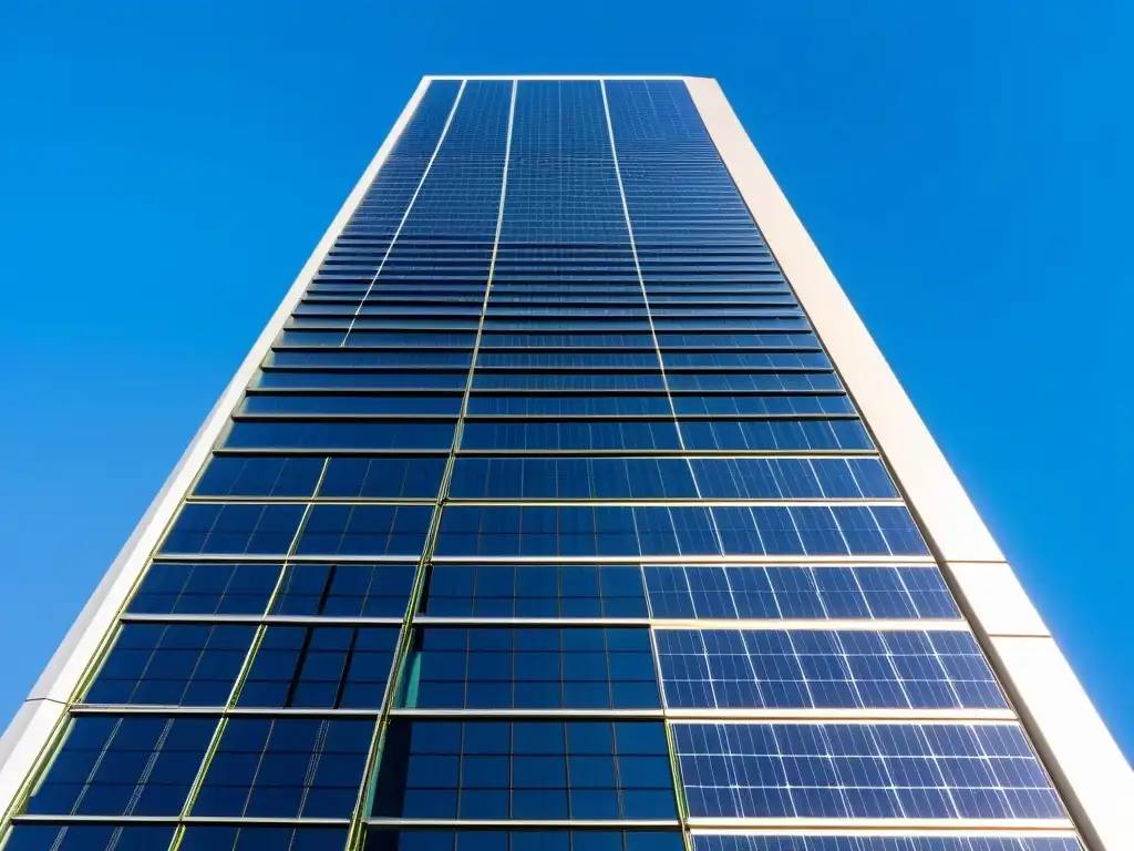 Detalle de diseño innovador y eficiente en la torre Pearl River, con paneles solares, turbinas eólicas y sistemas de ventilación avanzados integrados