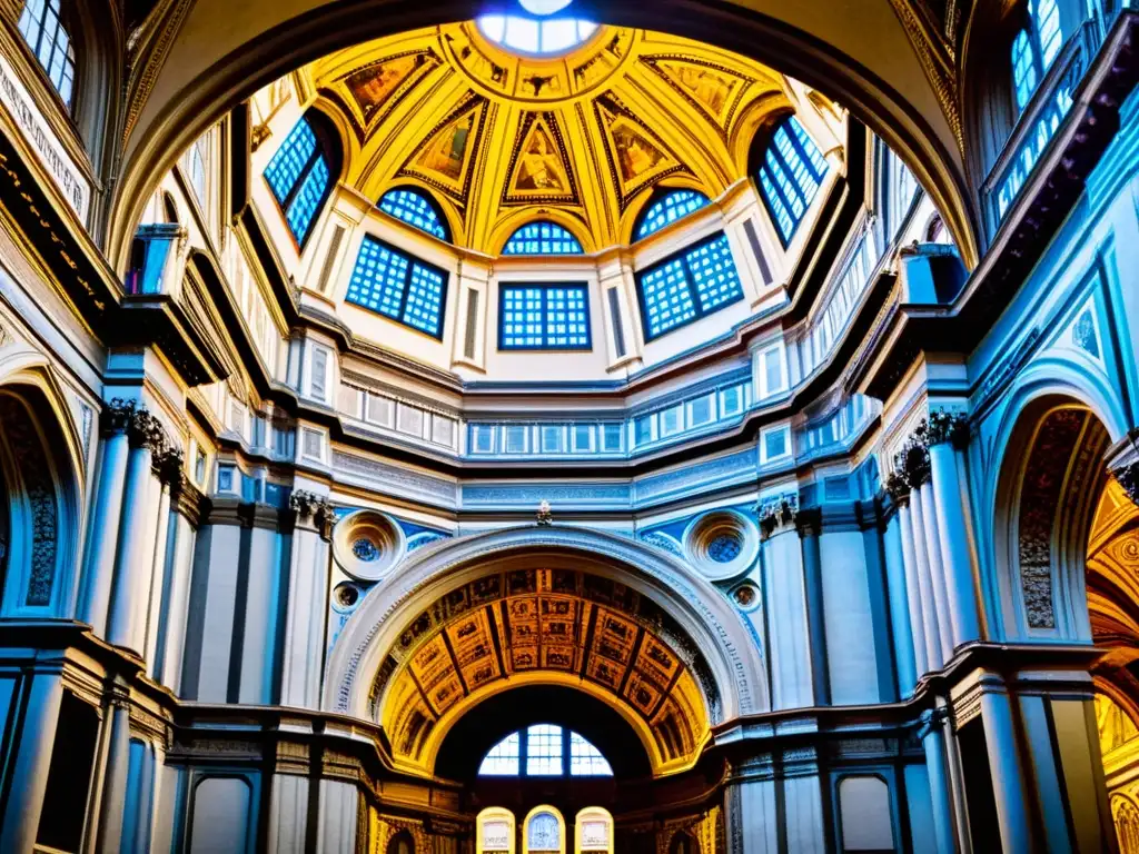 Detalle del interior de la Catedral de Florencia en el Renacimiento temprano, destacando la arquitectura ornamental y la atmósfera impresionante