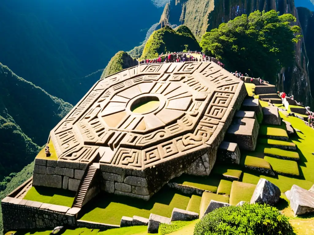 Detalle del Intihuatana en Machu Picchu, resaltando la influencia astronómica en arquitectura inca