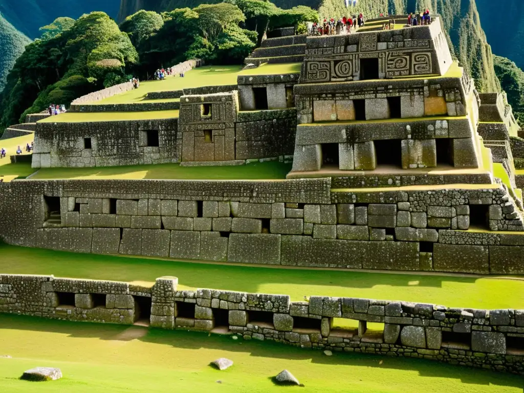 Detalle de las intrincadas tallas y símbolos en Machu Picchu, simbolismo arquitectura pueblos precolombinos