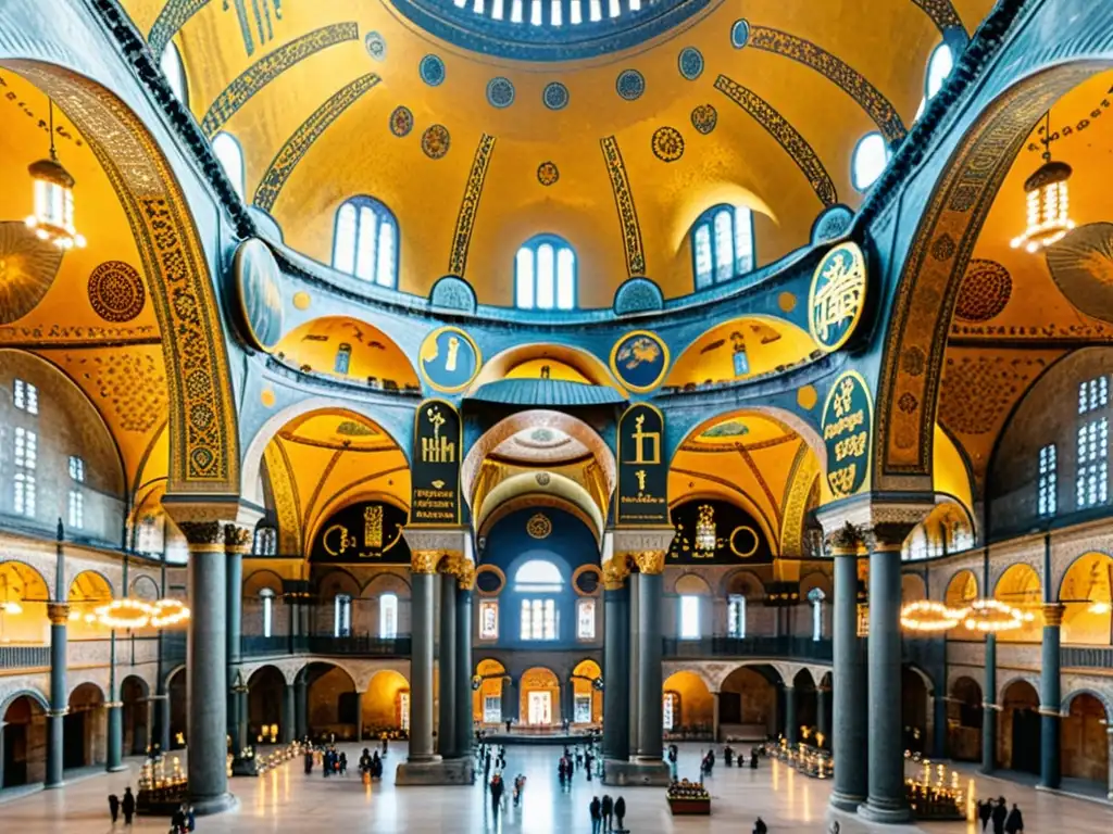 Detalle intrincado de mosaicos en la Hagia Sophia, resaltando elementos característicos iglesias bizantinas